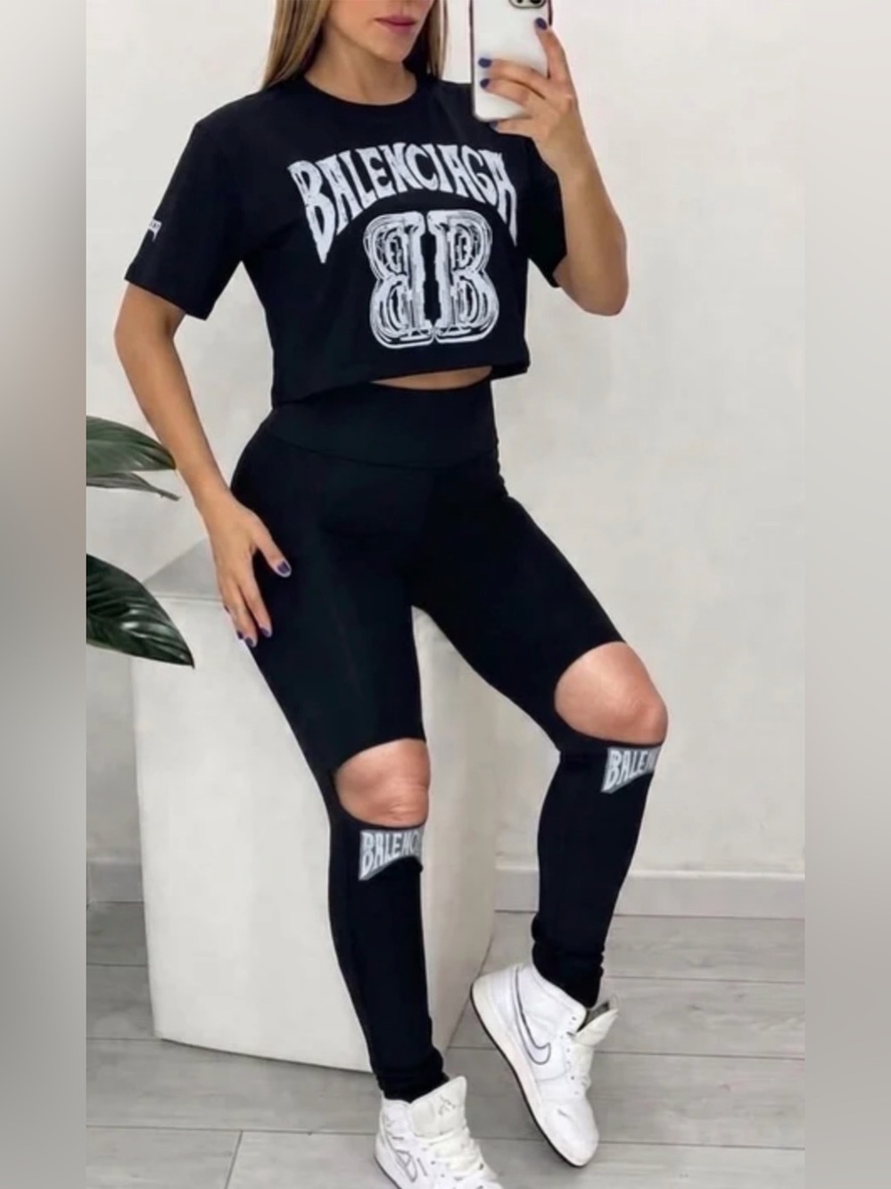 Black Knee Cutout Leggings with Matching Tee Matching Set size S